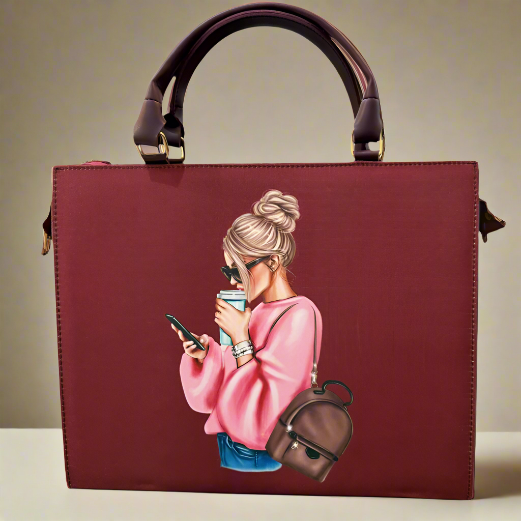 Maroon handbag with a design of a woman using a phone on a beige background